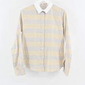 RANI ARABELLA Top Womens Sz L Yellow Tan Stripe Button Italy Cotton Quiet Luxury